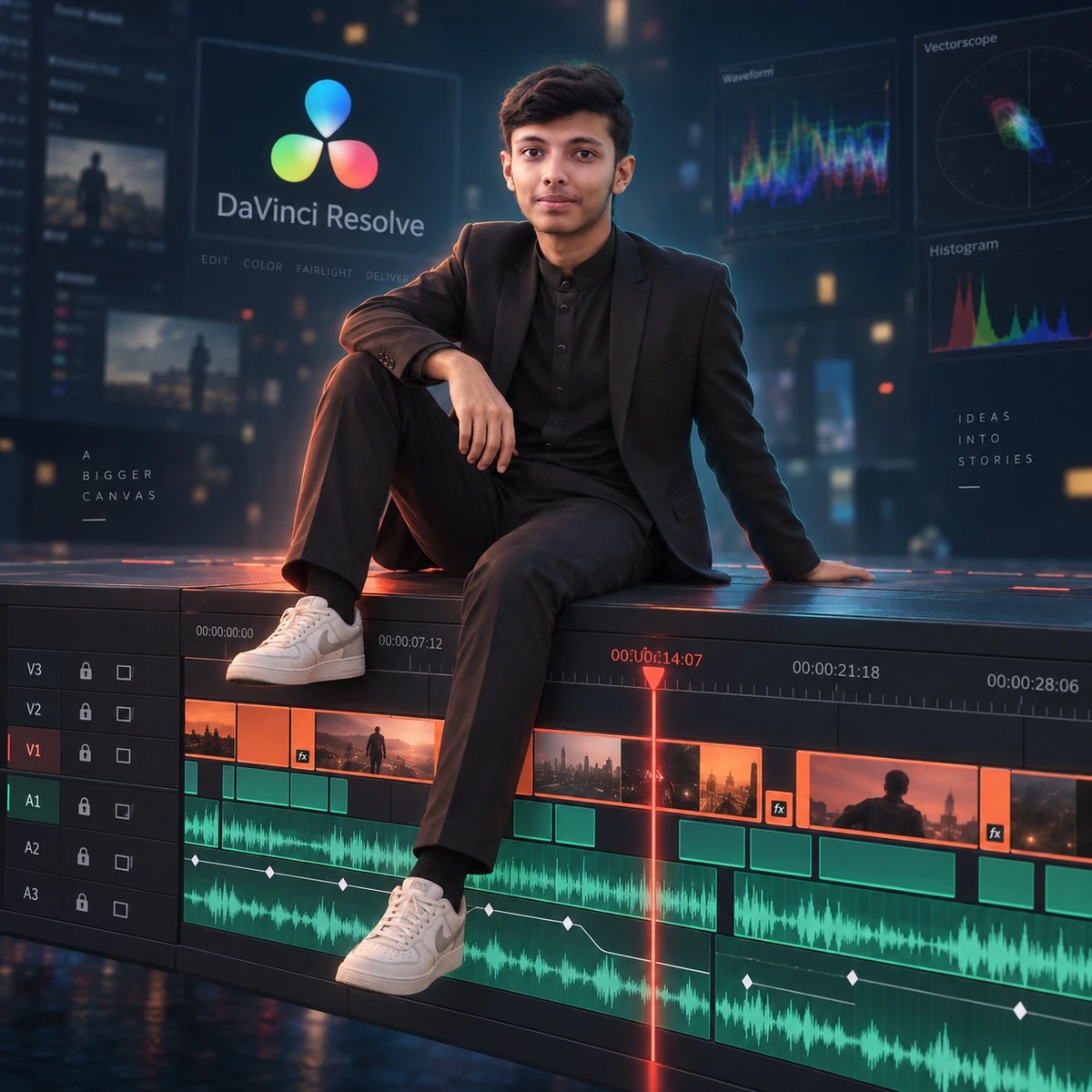 Arkadeep seated on an oversized editing timeline, scopes and graded clips behind him