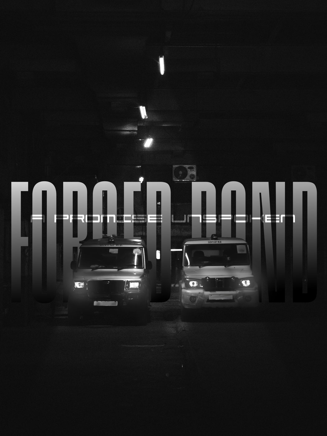 Two vehicles facing the camera with headlights on in a dark garage, titled Forged bond, a promise unspoken