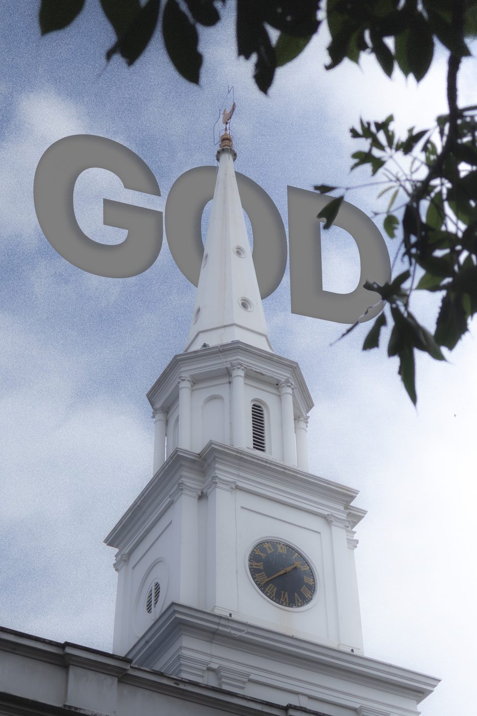 A white church steeple against cloud, the word God standing in the sky behind it — first of three frames reading God or greed