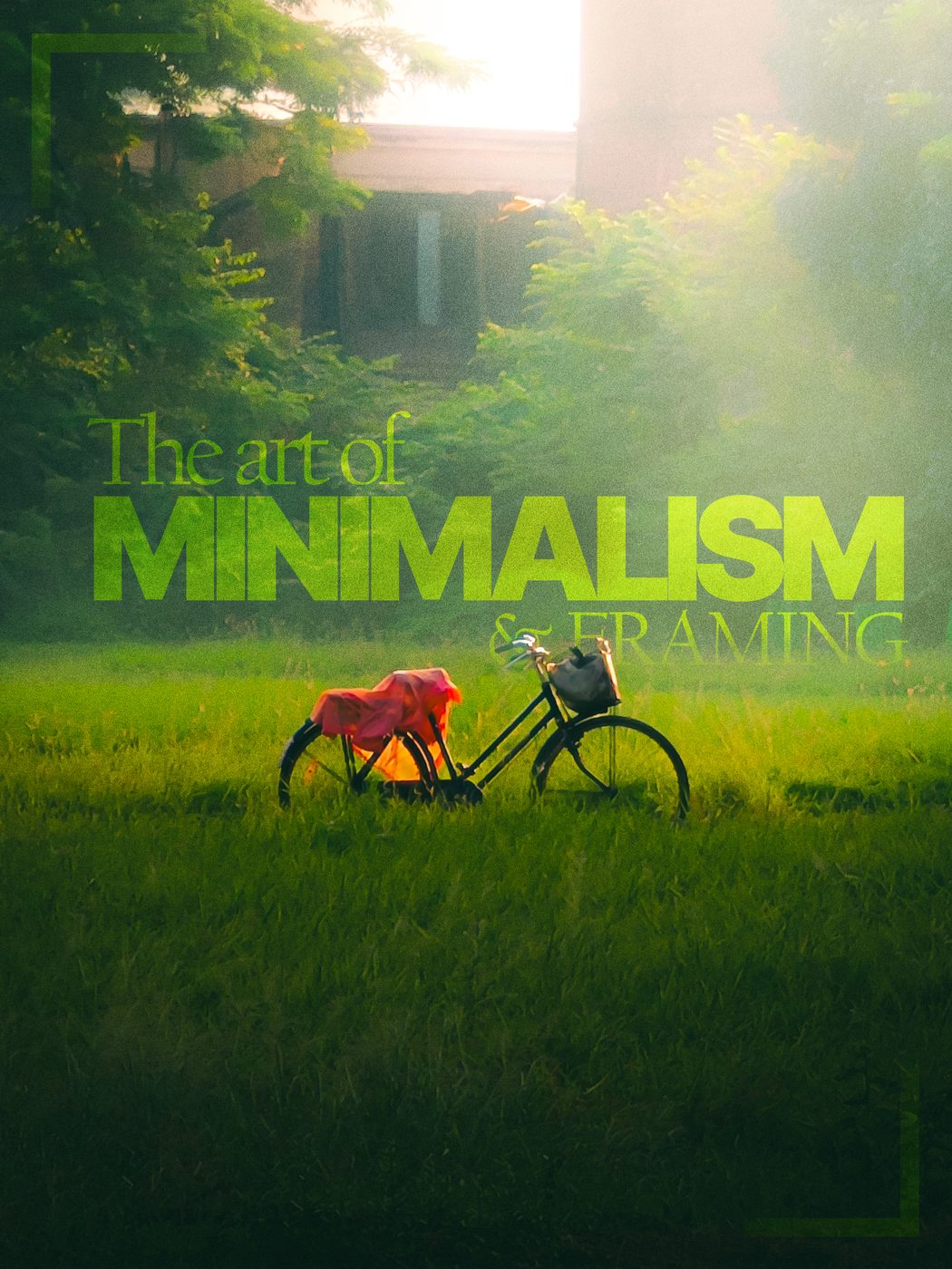 A cow and a bicycle alone in a bright green field, titled The art of minimalism and framing