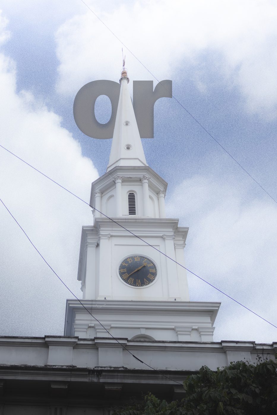The same steeple, the word or small in the sky behind it — second of three frames reading God or greed